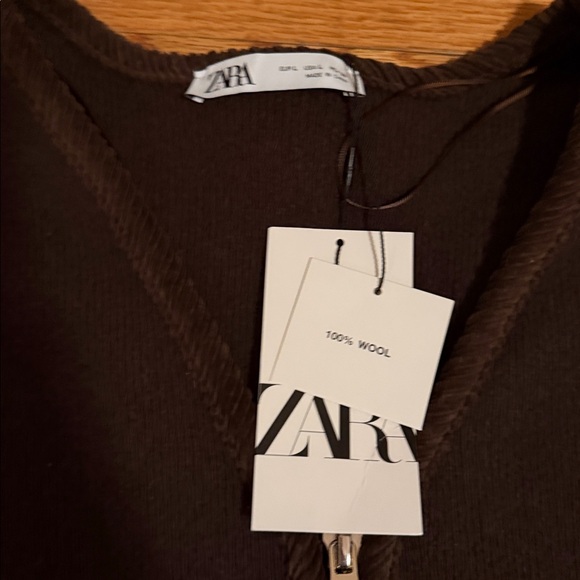 NWT Zara 100% wool chocolate brown cardigan sweater zipper velvet trim large L - Picture 2 of 4